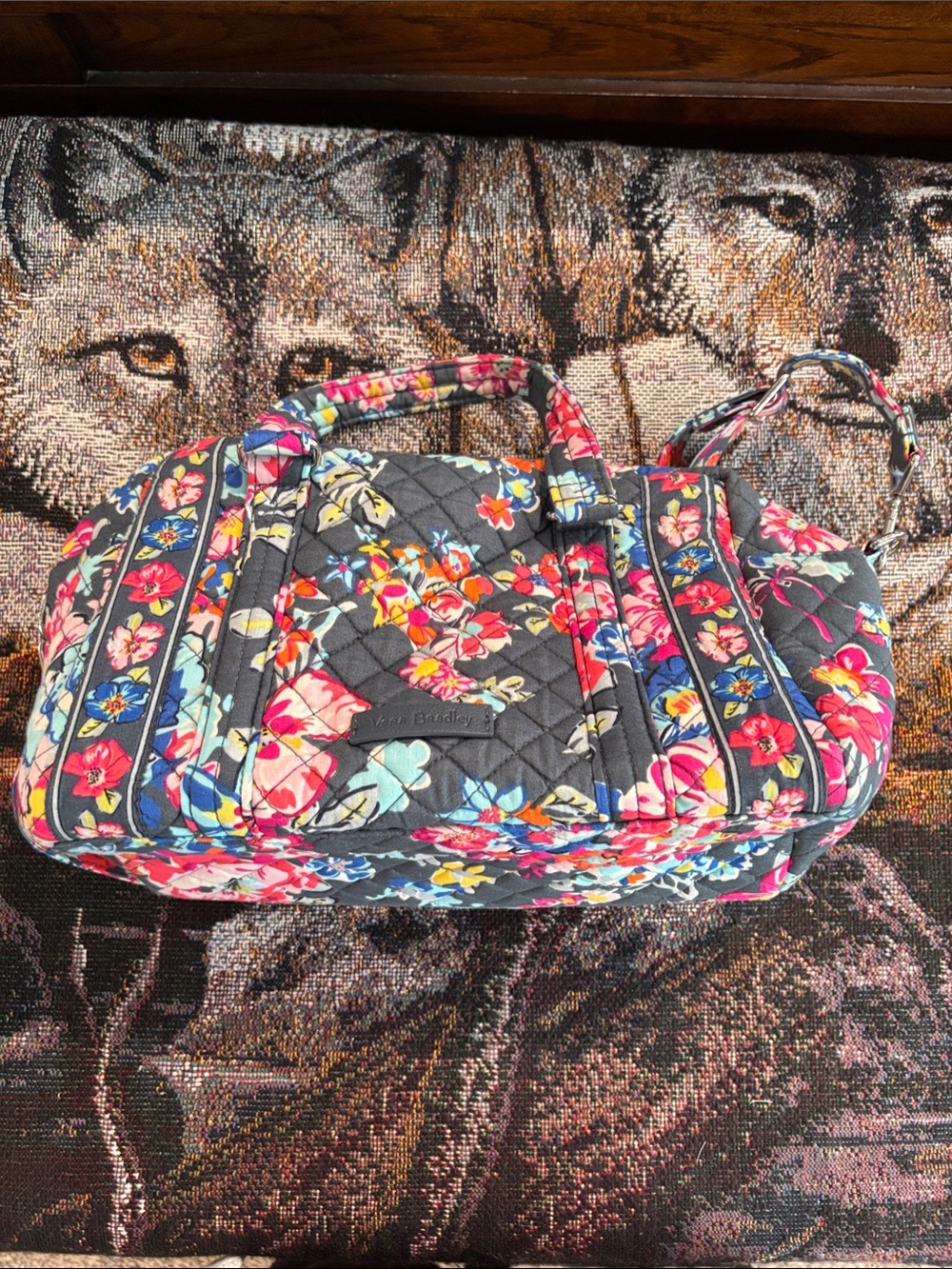Vera Bradley Gray Quilted Floral Duffel with Pink & Blue Accents